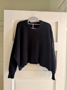 Free People Black Ribbed Crewneck Boxy Cropped Pullover Sweater XS